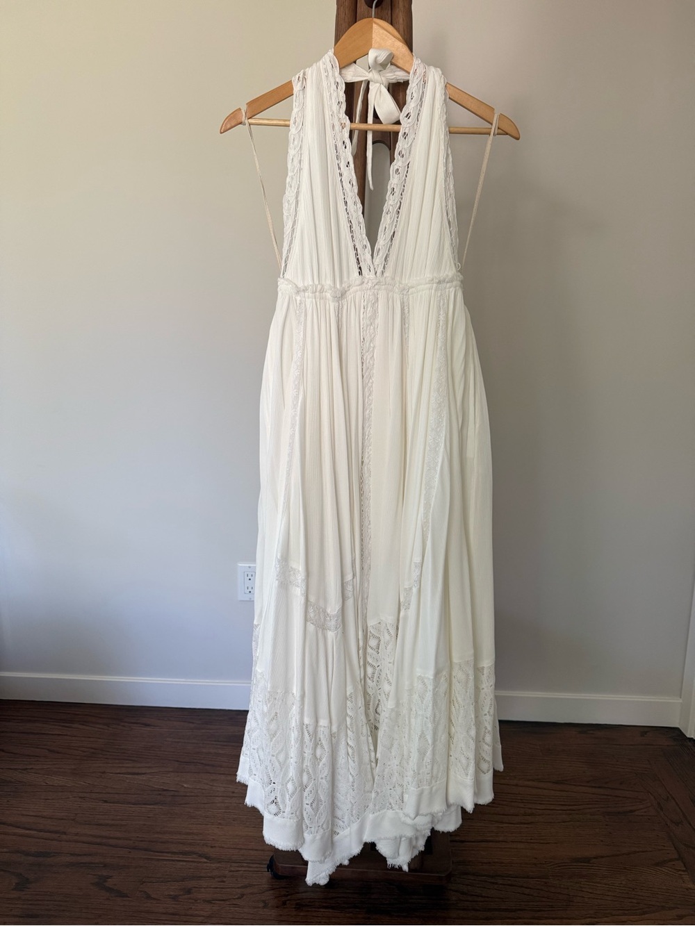 Free People White Lace Tiered Halter Maxi Dress | Size S